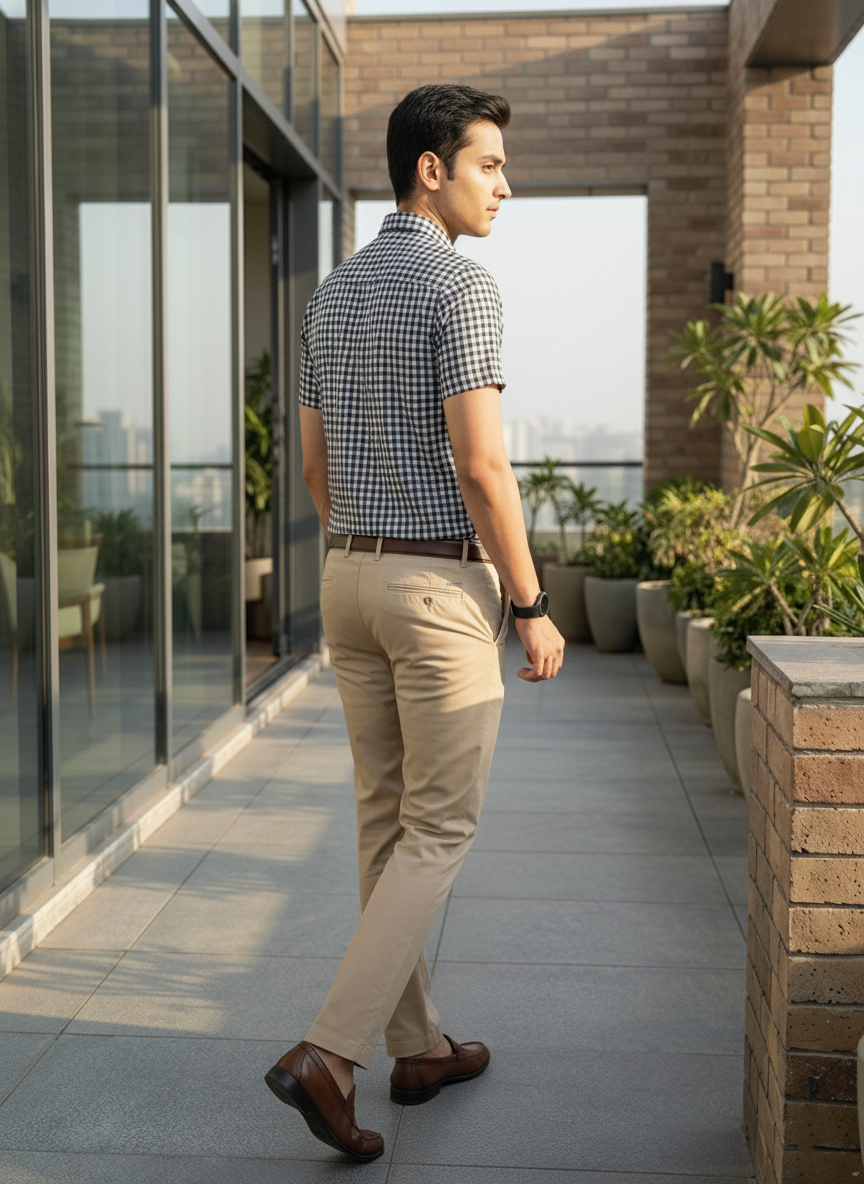 Man walking on a rooftop terrace with modern building and plants in the background