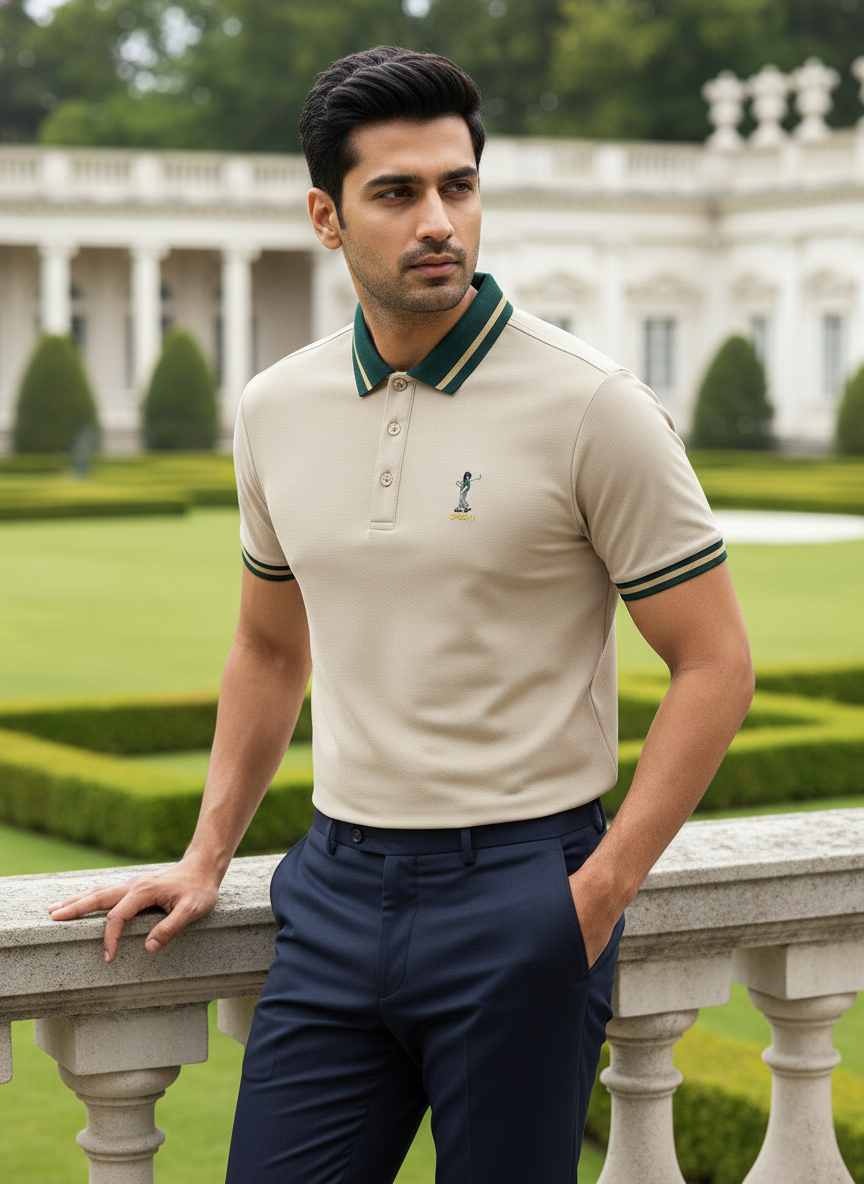 Man wearing a beige polo shirt with green accents in a formal garden setting