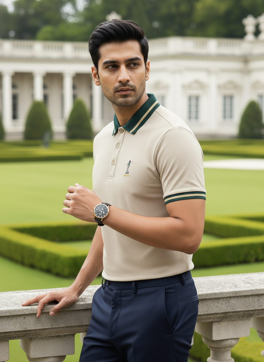 Man wearing a beige polo shirt with green accents and navy pants in an outdoor setting.