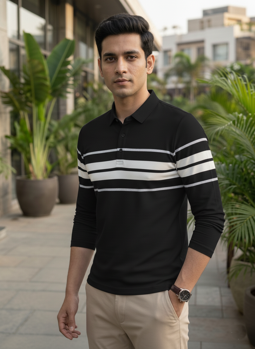 Man wearing a black and white striped shirt standing outdoors with plants and buildings in the background