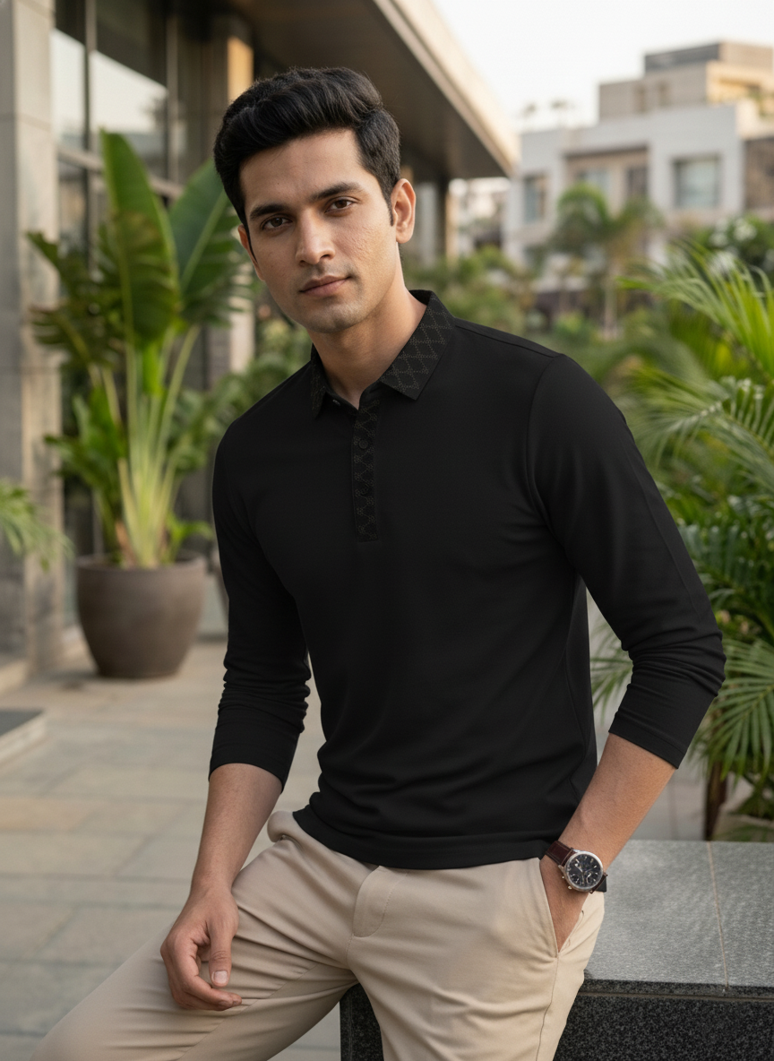 Man wearing a black long-sleeve polo shirt and beige pants standing outdoors with plants and buildings in the background.
