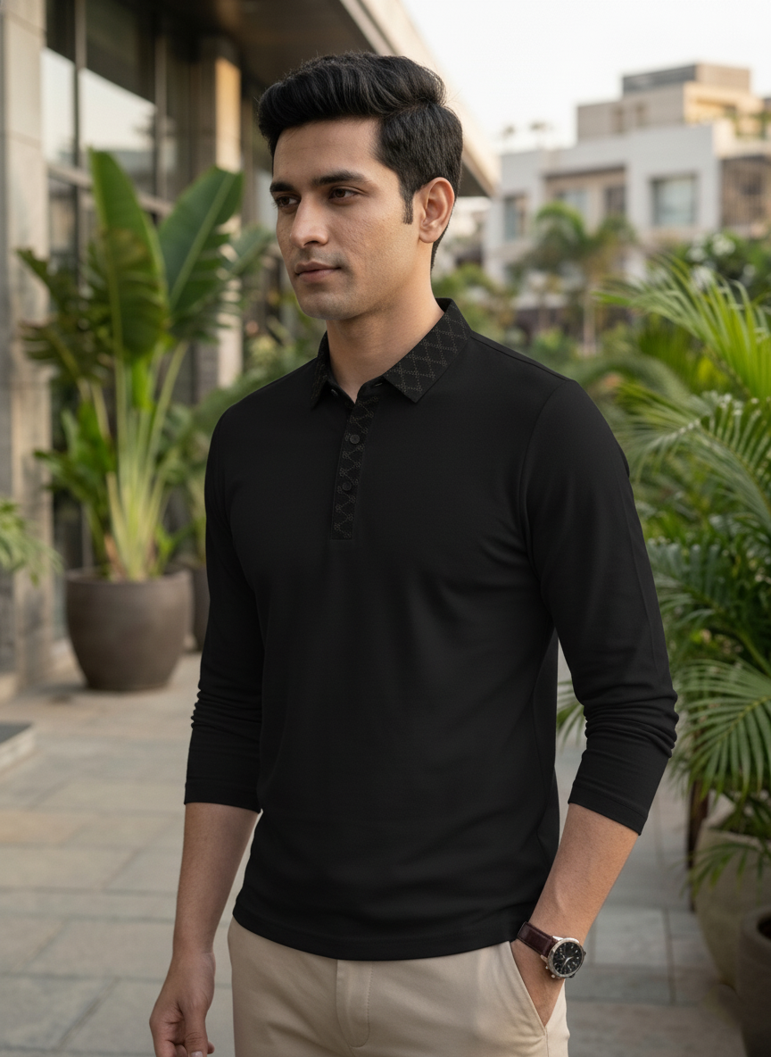 Man wearing a black long-sleeve shirt standing outdoors with plants and buildings in the background