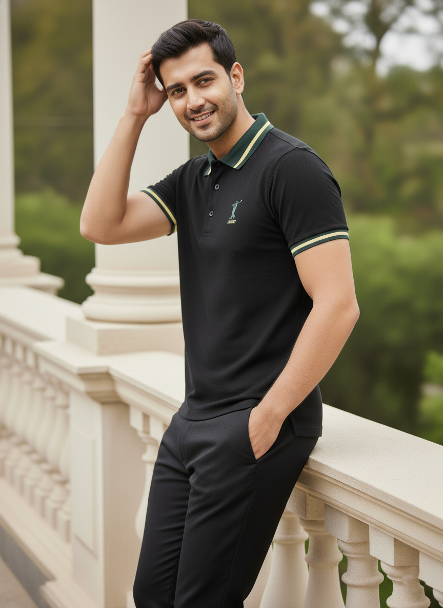 Man wearing a black polo shirt with green trim, standing outdoors.