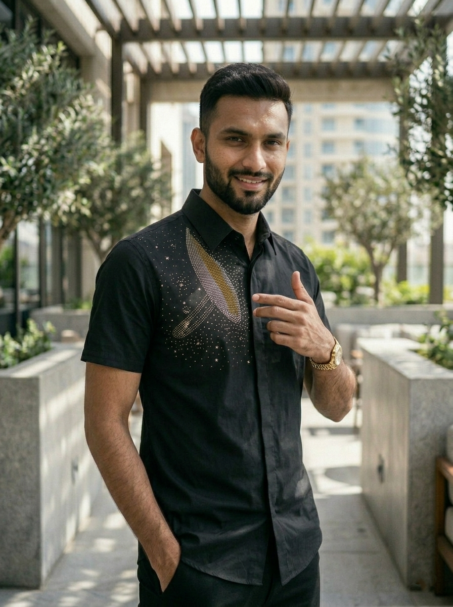 Man wearing a black shirt with a design, standing outdoors with plants and buildings in the background.
