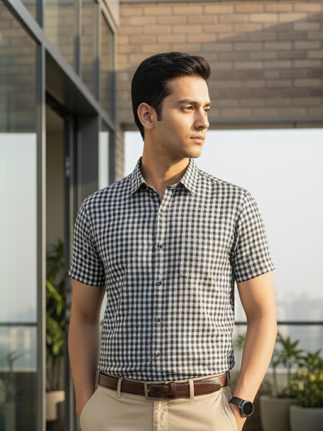 Man wearing a checkered shirt standing outdoors with a modern building in the background