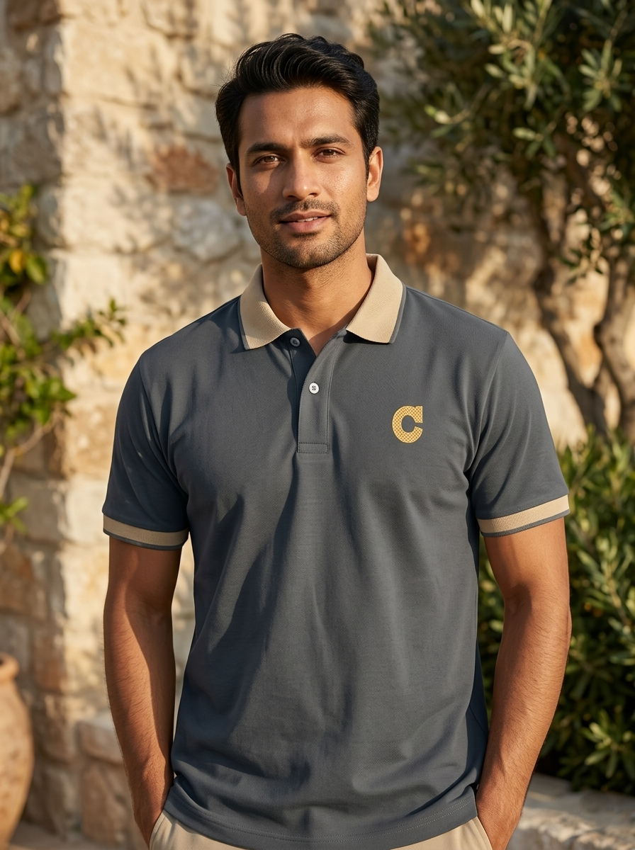 Man wearing a dark polo shirt with a logo, standing outdoors against a stone wall and greenery.