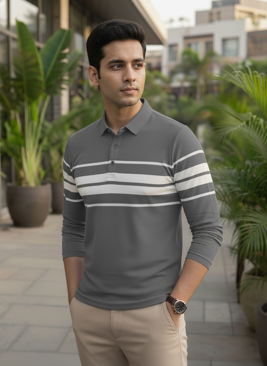 Man wearing a gray striped long-sleeve shirt standing outdoors with plants and buildings in the background