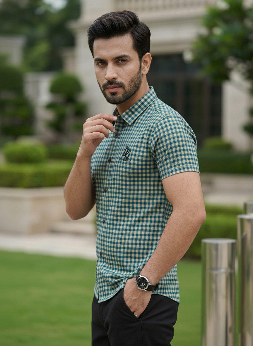 Man wearing a green checkered shirt outdoors with a blurred background