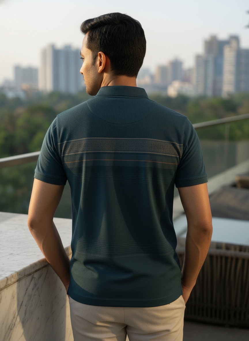 Man wearing a green polo shirt with a cityscape in the background
