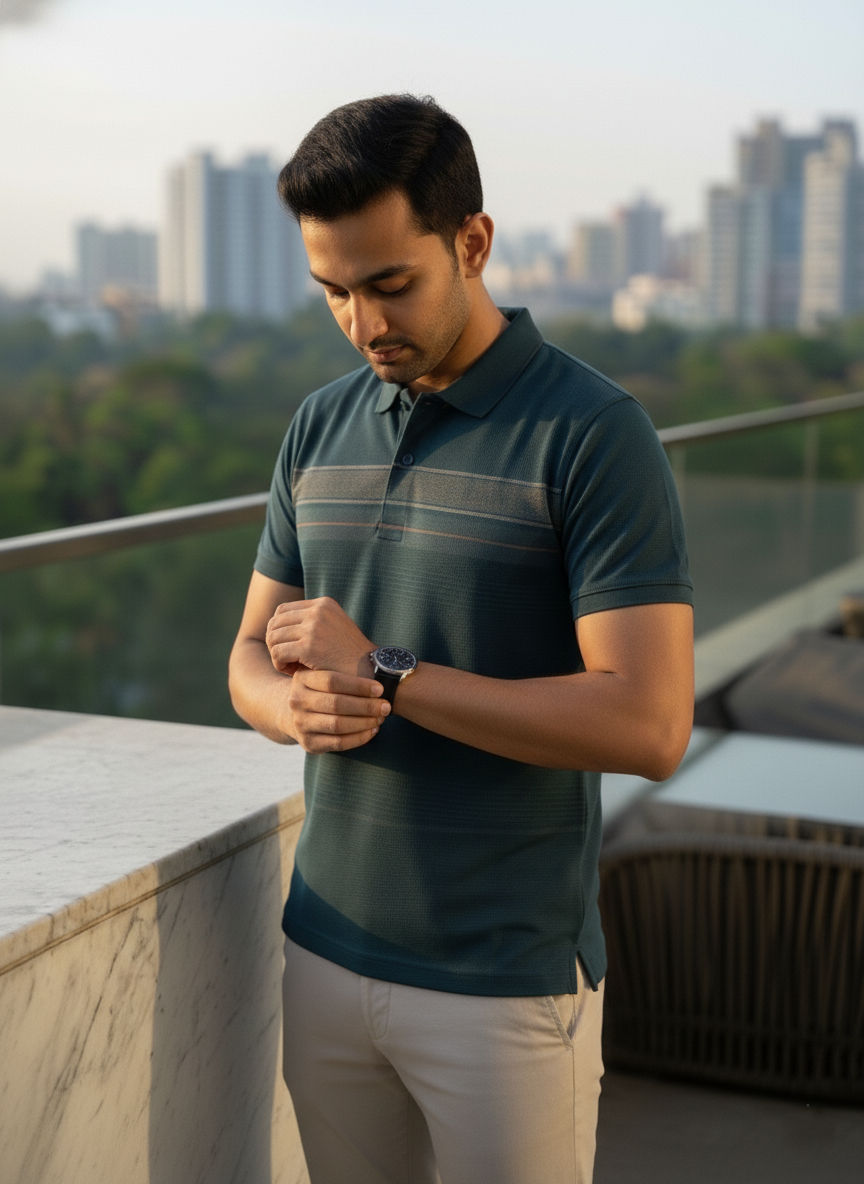Man wearing a green polo shirt with a cityscape in the background