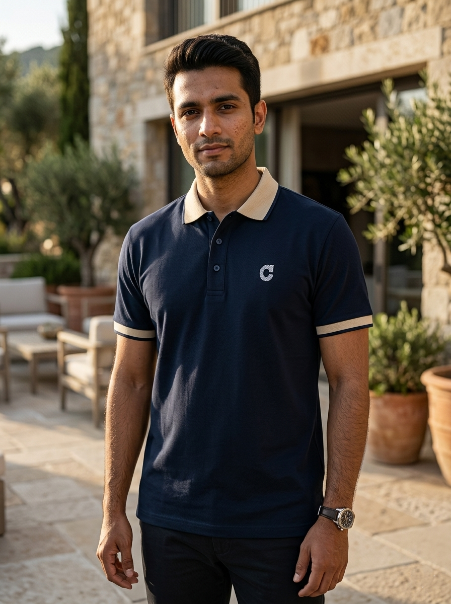 Man wearing a navy polo shirt with a logo, standing outdoors in front of a stone building.