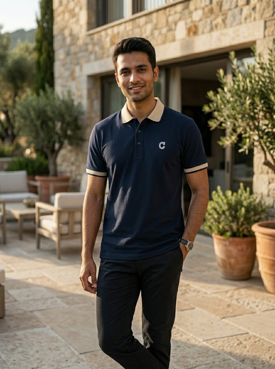Man wearing a navy polo shirt with a logo, standing outdoors in front of a stone building.