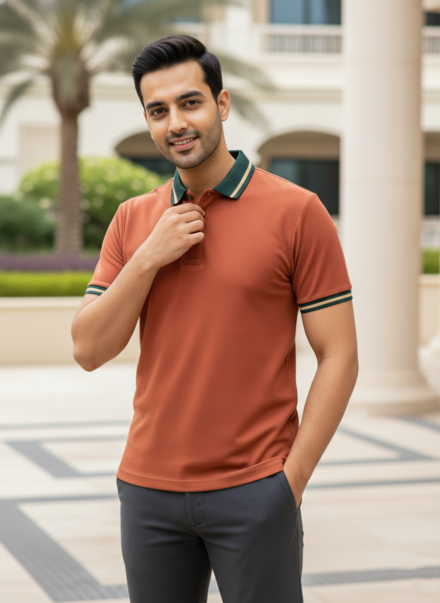 Man wearing a orange polo shirt with green accents outdoors
