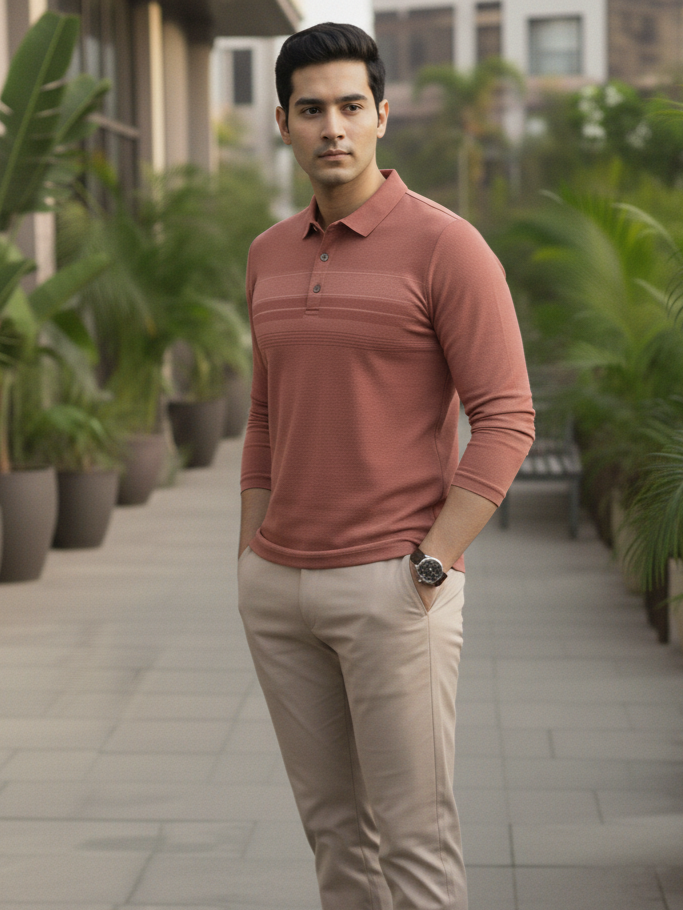 Man wearing a pink long-sleeve shirt and beige pants standing outdoors with plants in the background