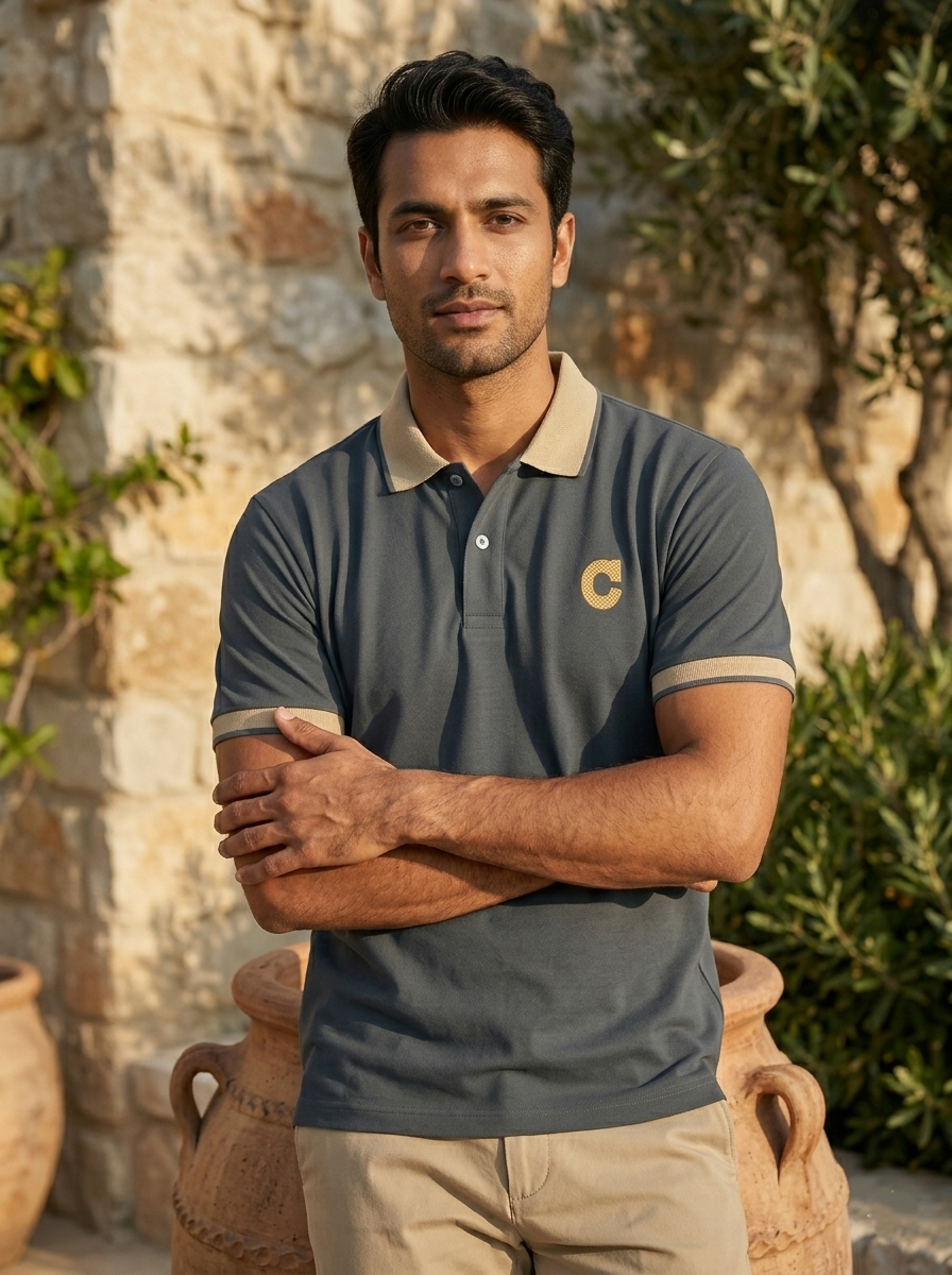 Man wearing a polo shirt with a logo standing outdoors near stone walls and plants.