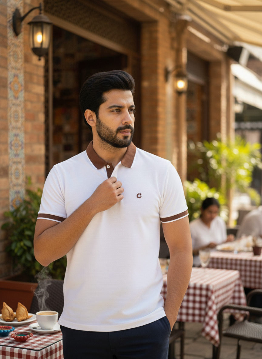 Man wearing a white polo shirt with brown accents in an outdoor setting