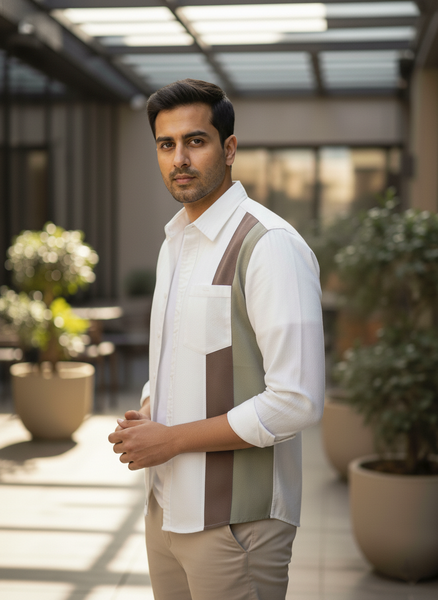 Man wearing a white shirt with a patterned vest in an outdoor setting