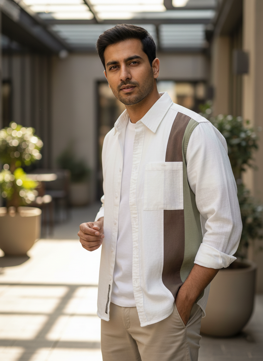 Man wearing a white shirt with a brown vest in an outdoor setting