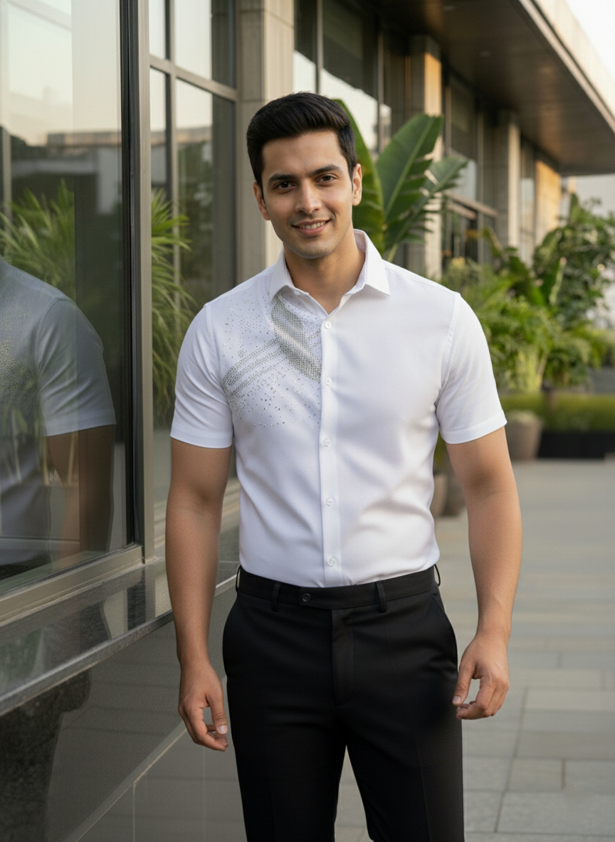 Man wearing a white short-sleeve shirt with black pants standing in front of a modern building.