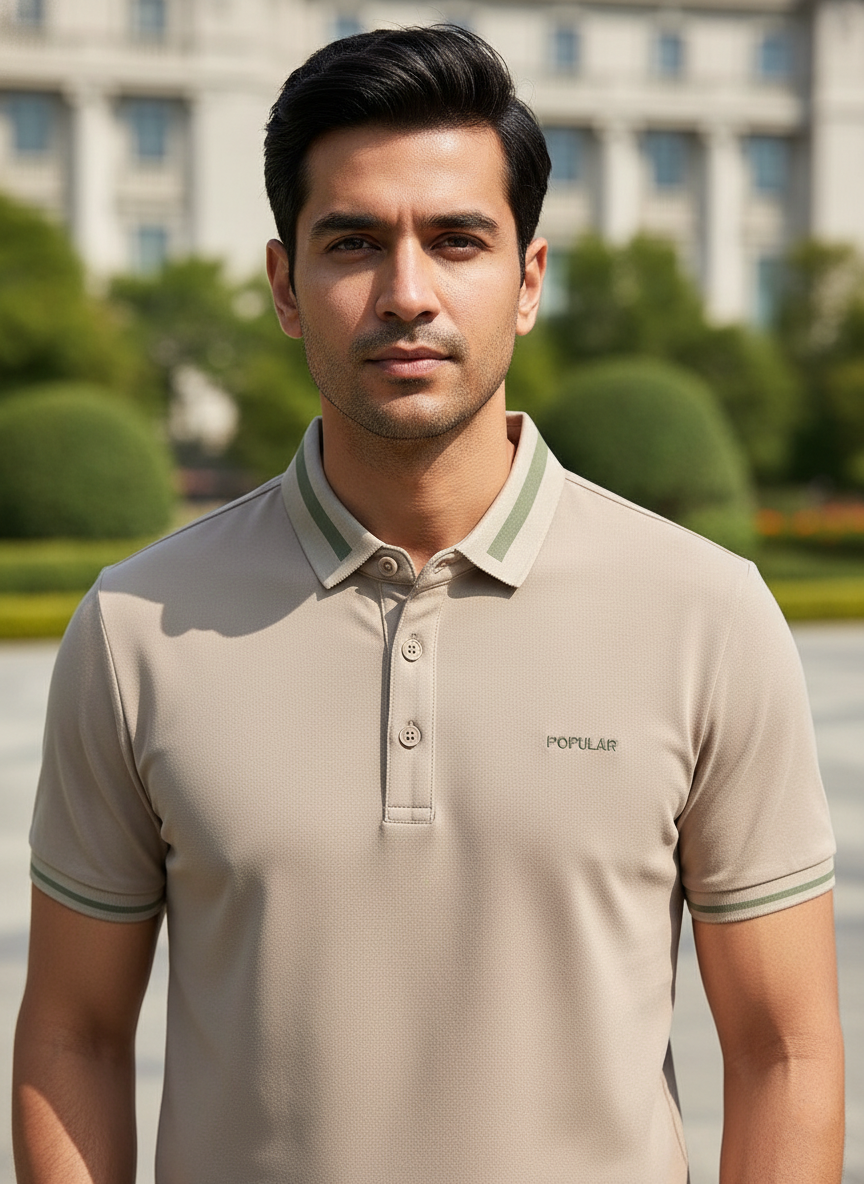 Man wearing a beige polo shirt with a blurred background of trees and buildings