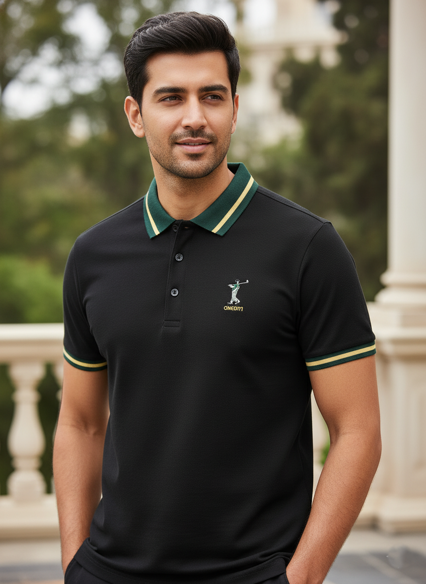 Man wearing a black polo shirt with green accents and a logo, standing outdoors.
