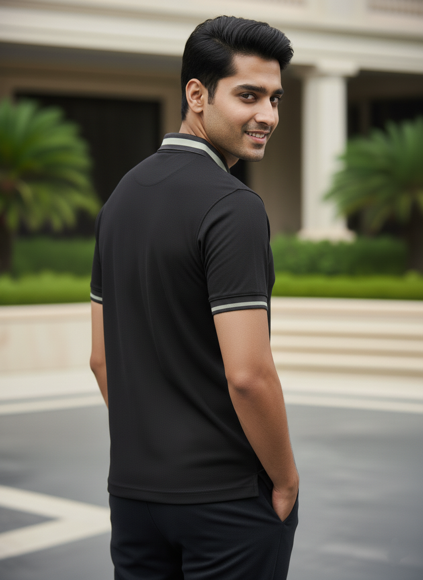 Man wearing a black polo tshirt with white trim in an outdoor setting