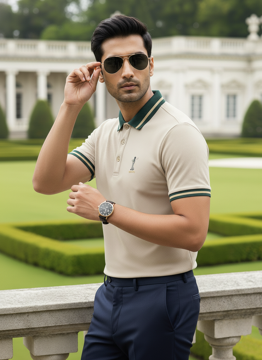 Man wearing sunglasses and a polo shirt in an outdoor setting with greenery and a building.