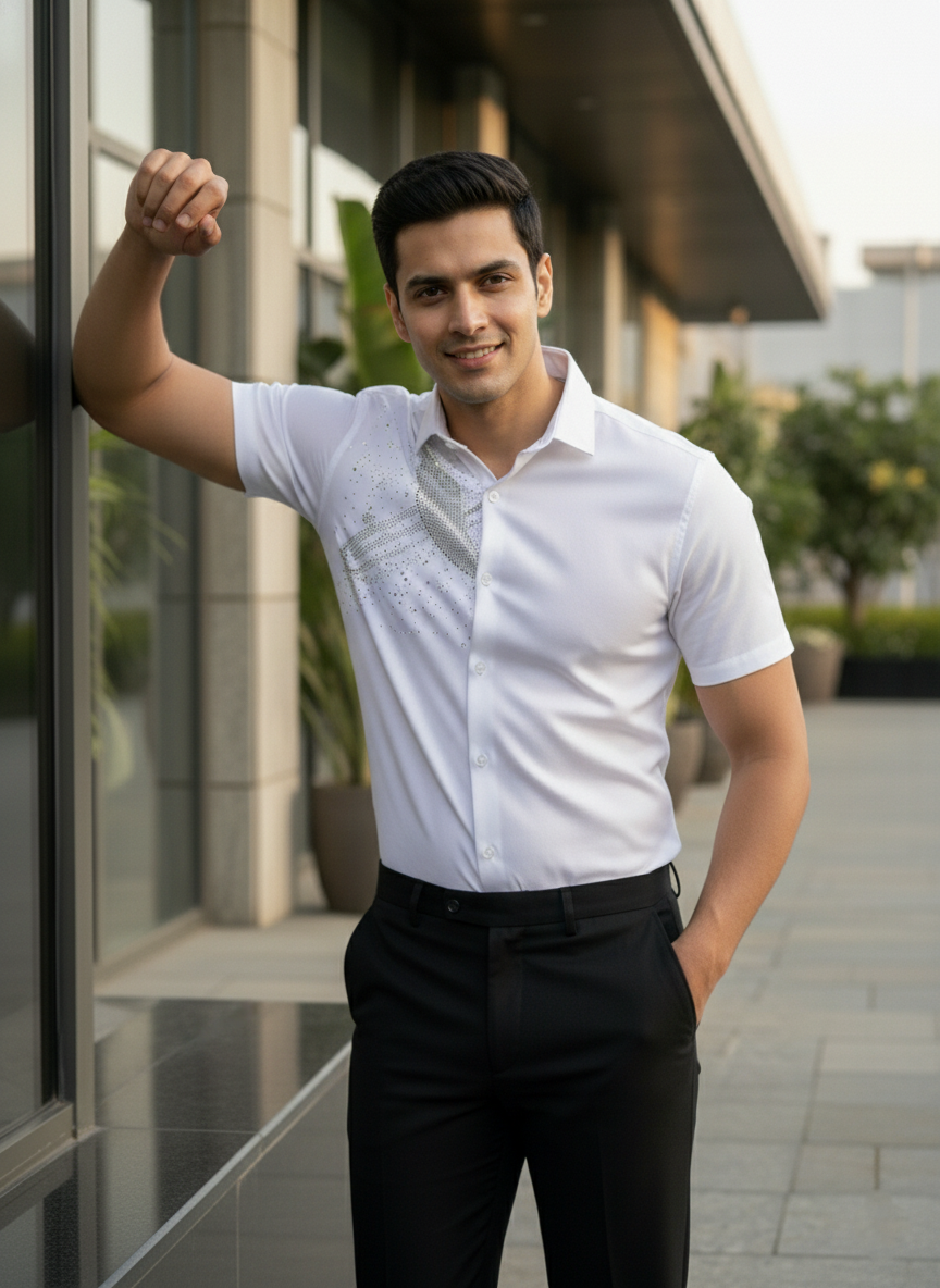 Man wearing a white shirt with black pants standing outdoors.