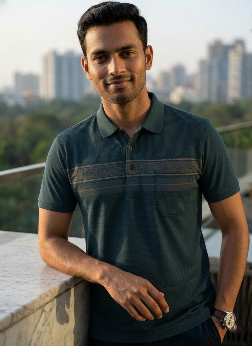 Man wearing a green polo shirt with a cityscape in the background