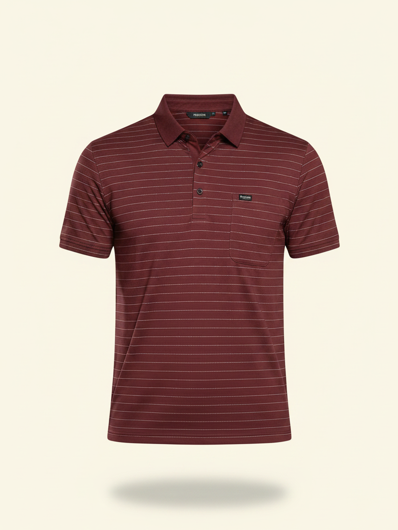 Maroon striped polo shirt on a beige background