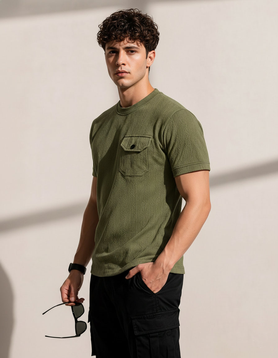 Man wearing a green t-shirt with a pocket, holding sunglasses, against a neutral background