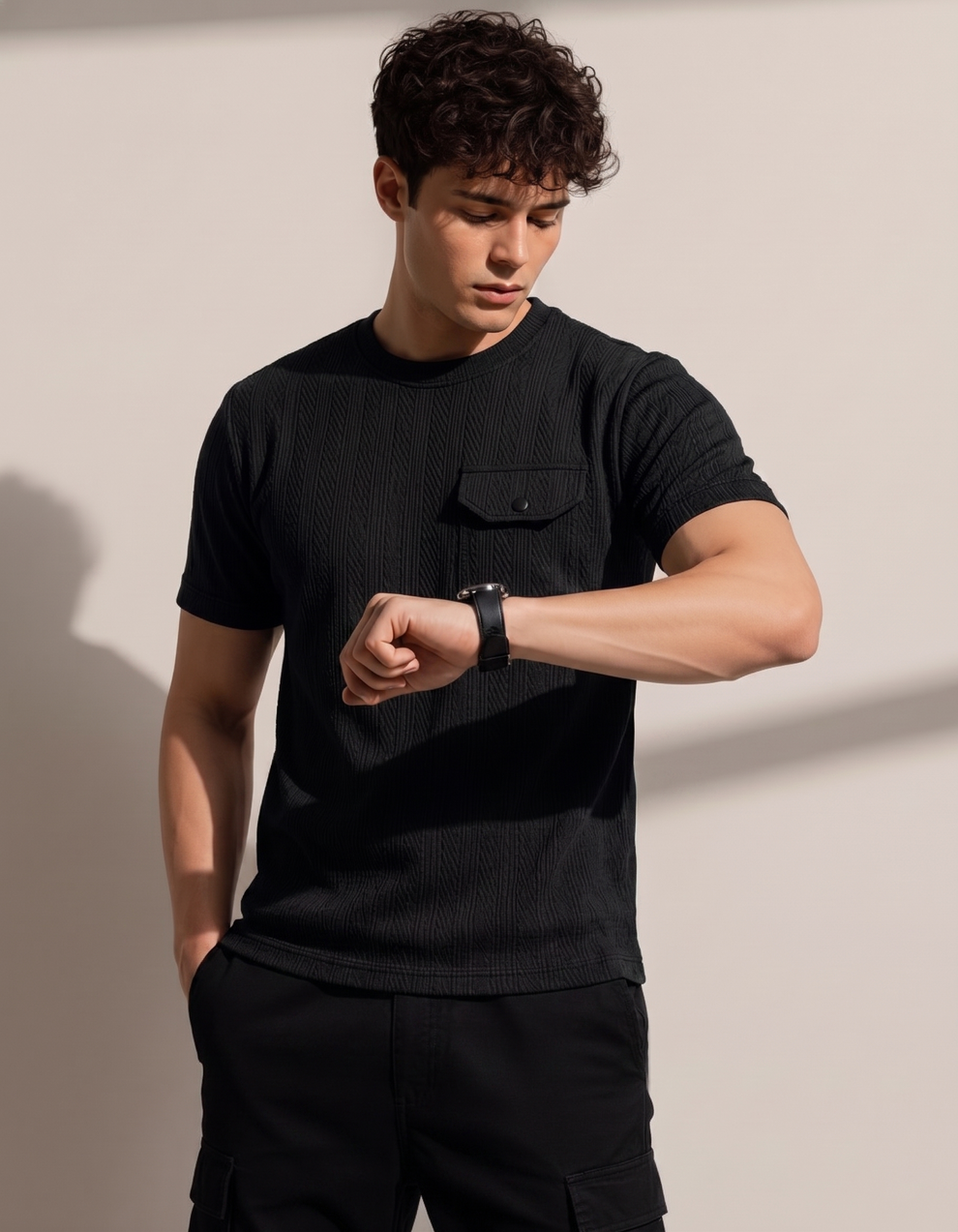 Man wearing a black t-shirt and pants against a beige background