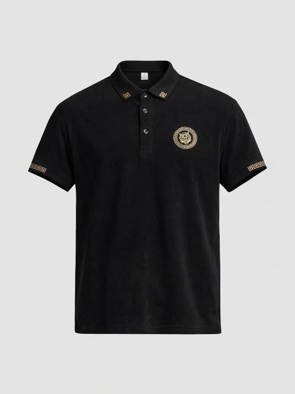 Black polo shirt with a logo on a light gray background
