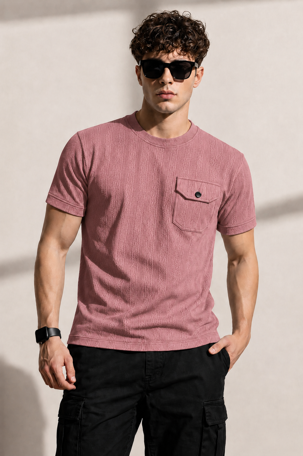 Man wearing a pink t-shirt with a pocket and sunglasses against a plain background