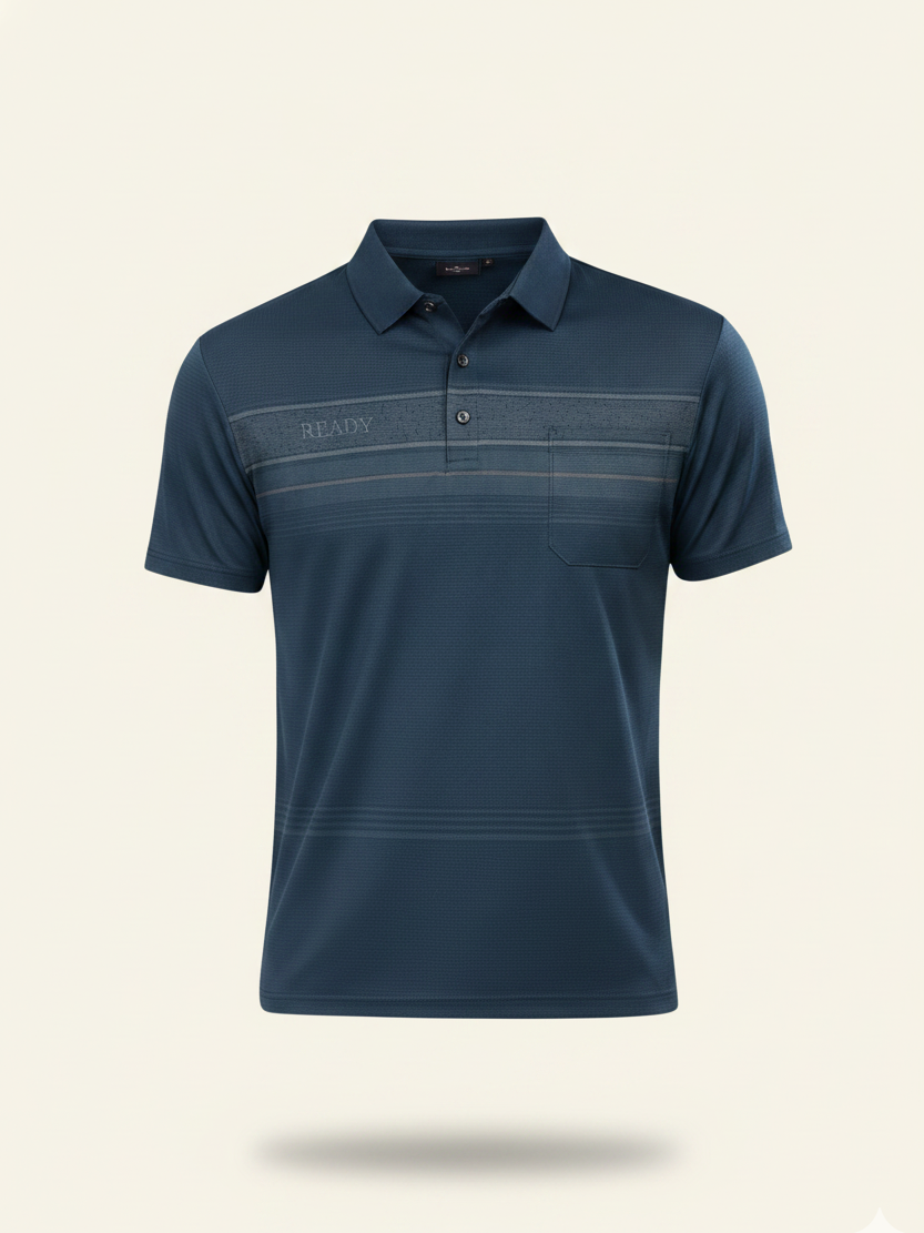 Navy blue polo shirt with a brand logo on a beige background