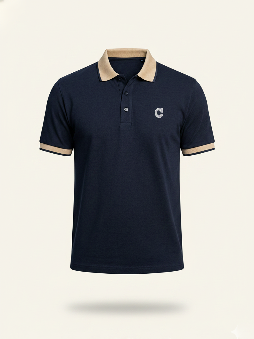 Navy blue polo shirt with beige collar and cuffs on a white background