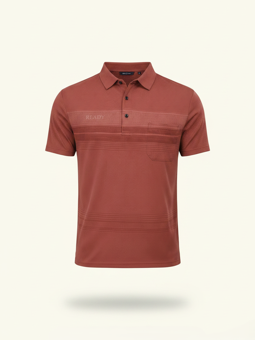 Orange polo shirt with a brand logo on a light beige background