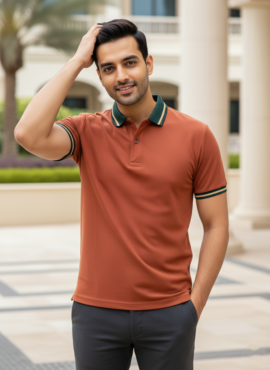 Man wearing a Orange polo shirt with green and black trim in an outdoor setting