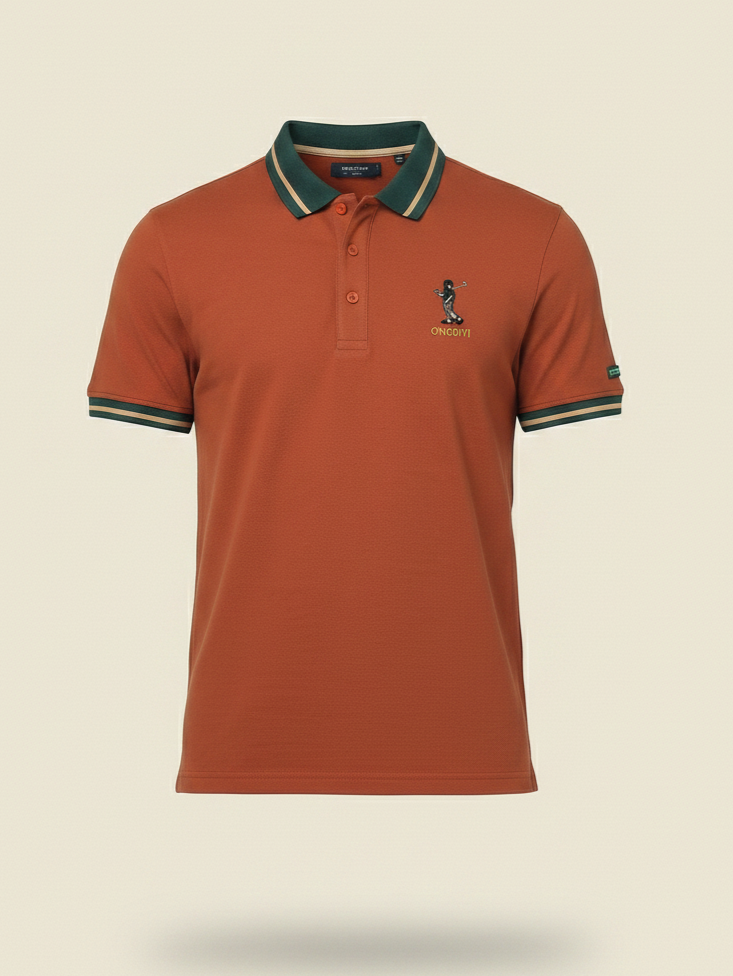 Orange polo shirt with green accents on a beige background