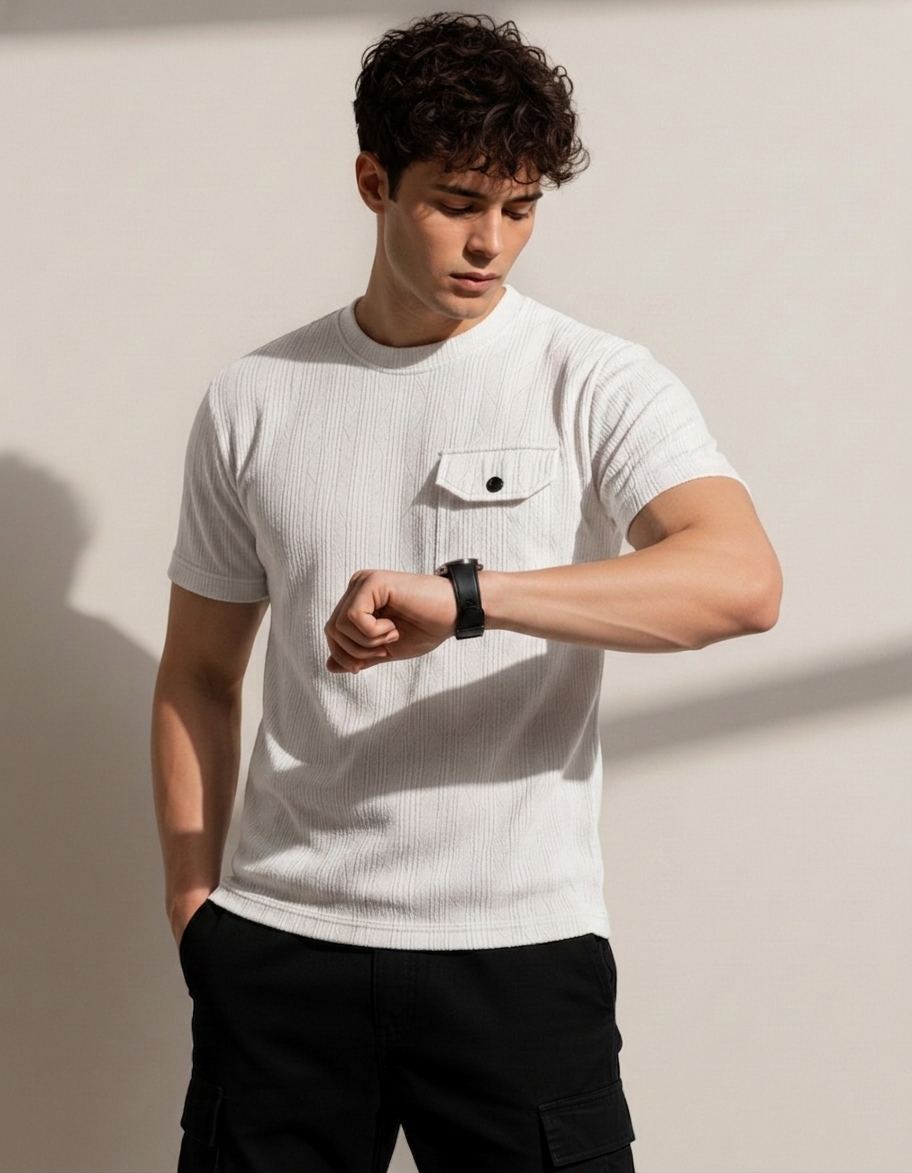 Man wearing a white t-shirt and black pants against a plain background