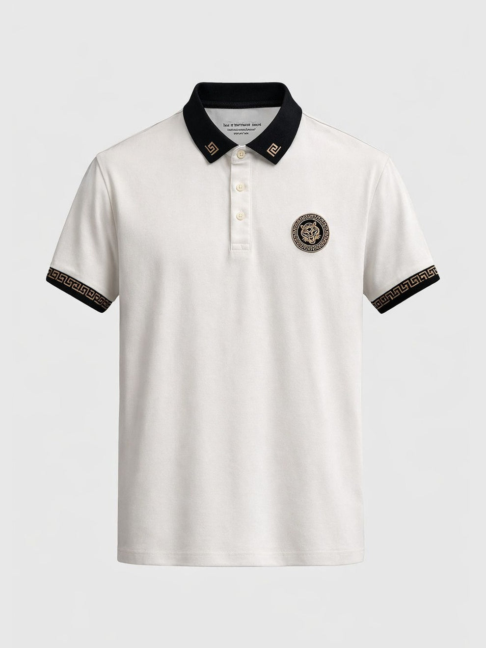 White polo shirt with black collar and cuffs on a light gray background