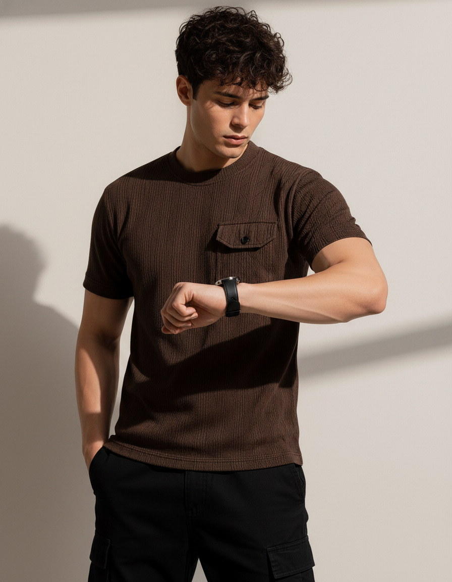 Man wearing a brown textured t-shirt against a plain background