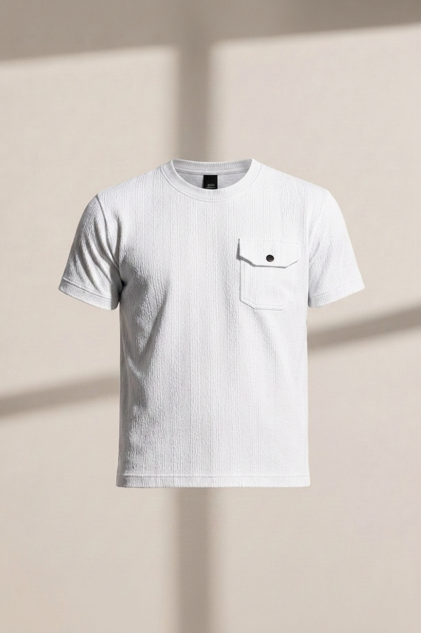 White t-shirt with a pocket on a beige background
