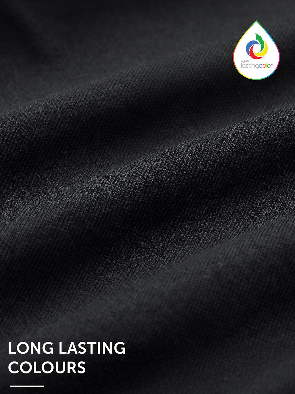 Close-up of black fabric with a brand logo and text about long-lasting colors.