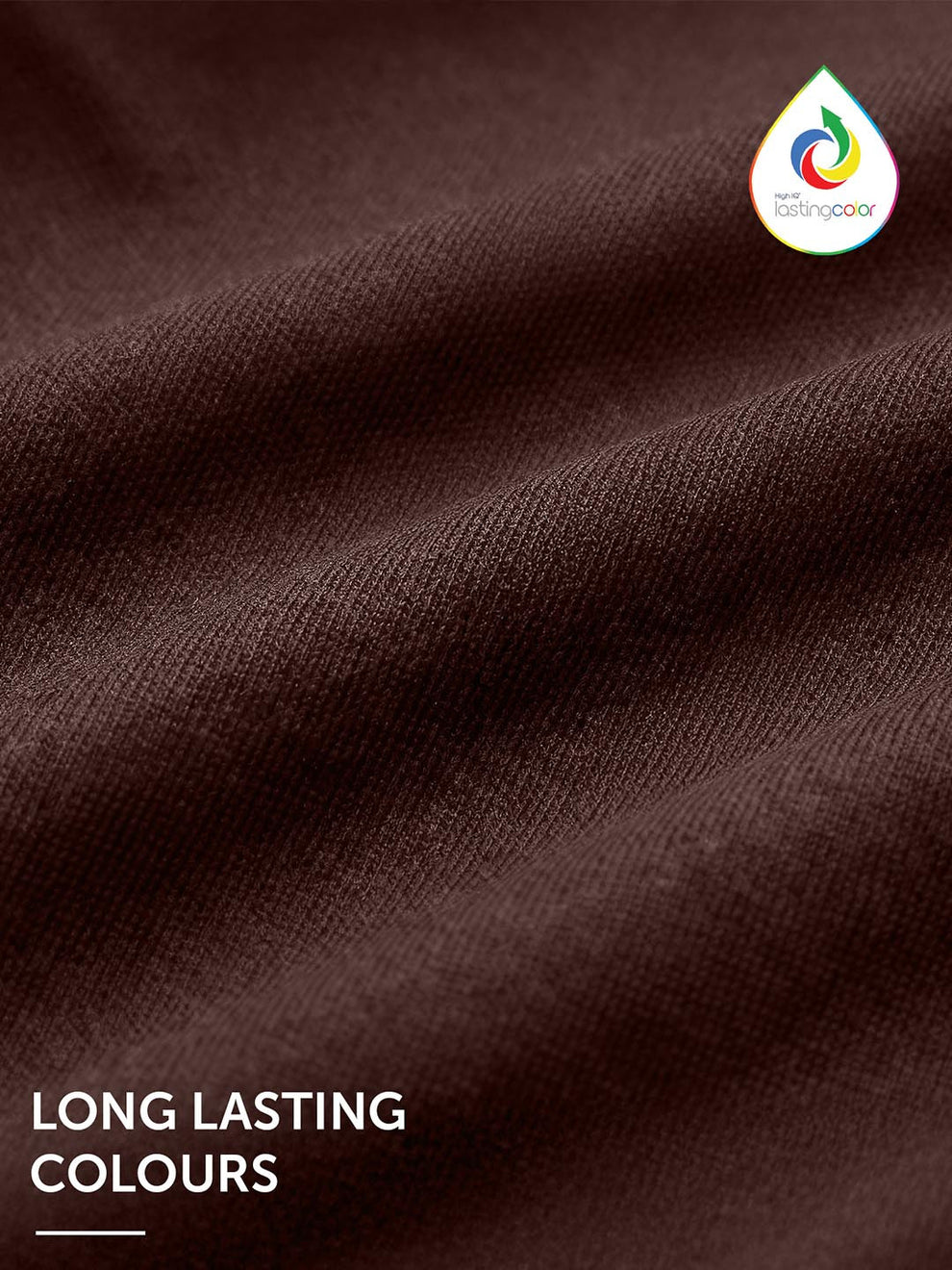 Close-up of brown fabric with a brand logo and 'Long Lasting Colours' text.