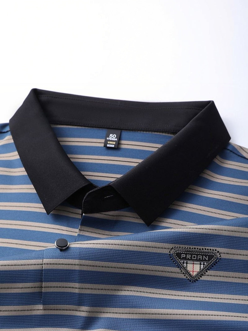 Blue and beige striped polo shirt with black collar and Prada logo on a white background