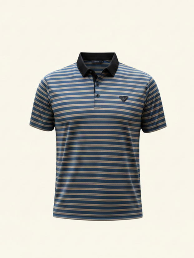 Striped polo shirt with a brand logo on a beige background