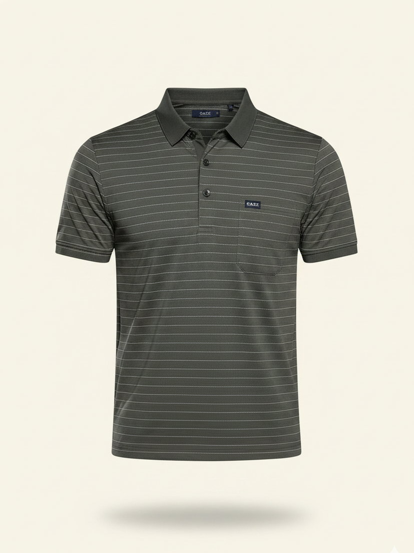 Striped polo shirt with a brand logo on a beige background