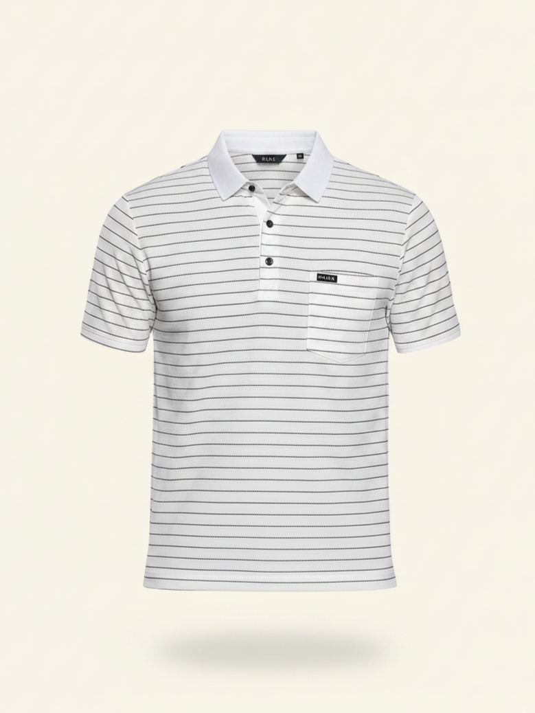 Striped polo shirt with a brand logo on a light beige background