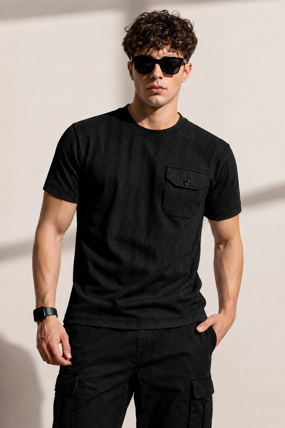 Man wearing a black t-shirt and sunglasses against a plain background